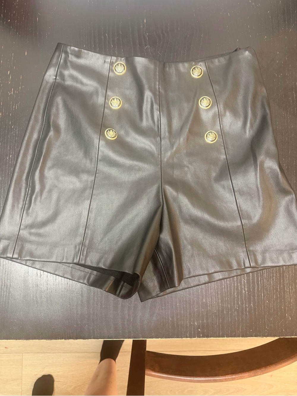 Zara Black Faux Leather High-Waist Shorts with Gold Buttons
